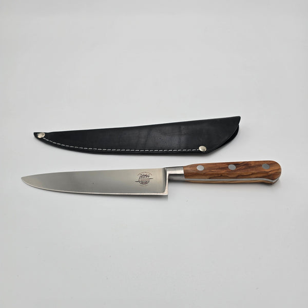 Simón PRO Olivo Utility Knife with olive root handle and black leather sheath