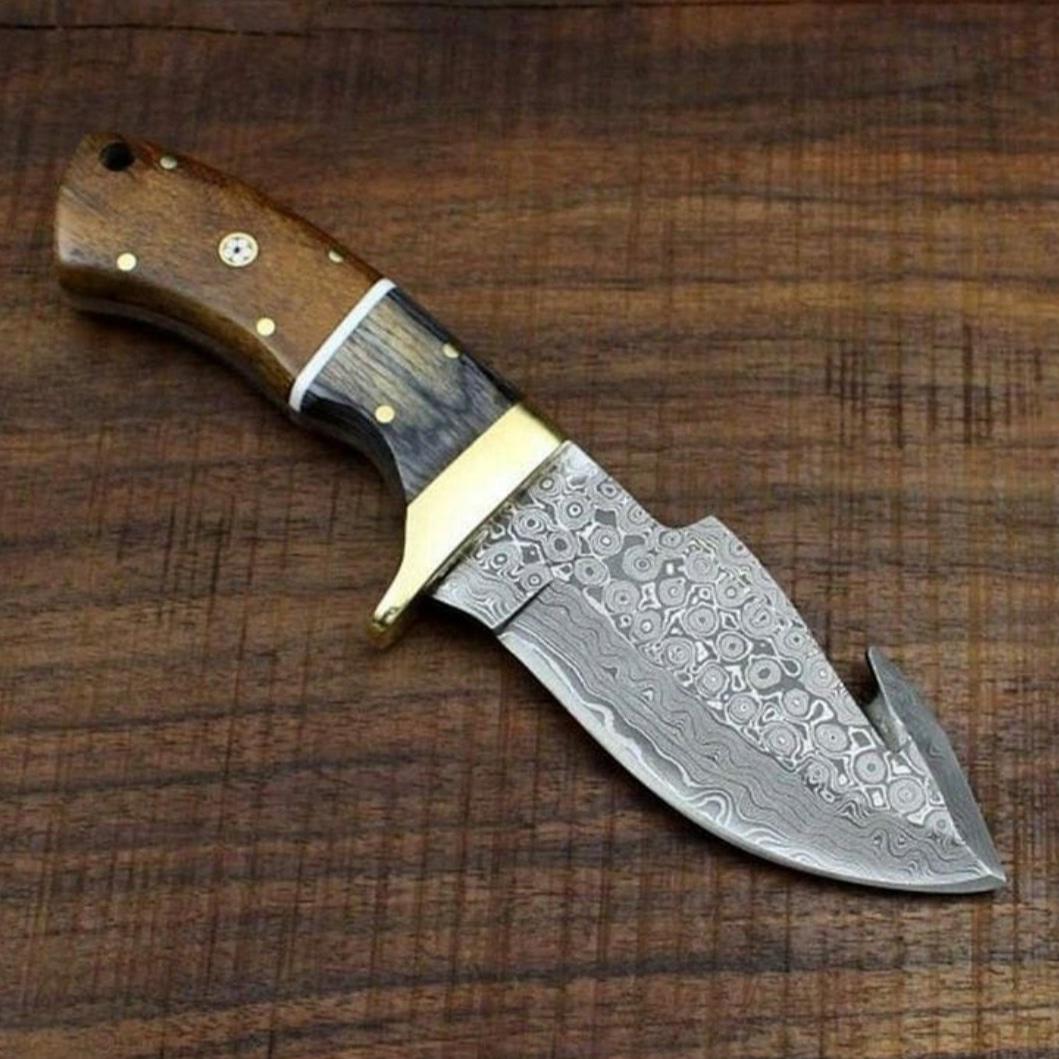 Handmade Damascus Steel Fixed Blade Gut Hook Hunting Knife,Wooden