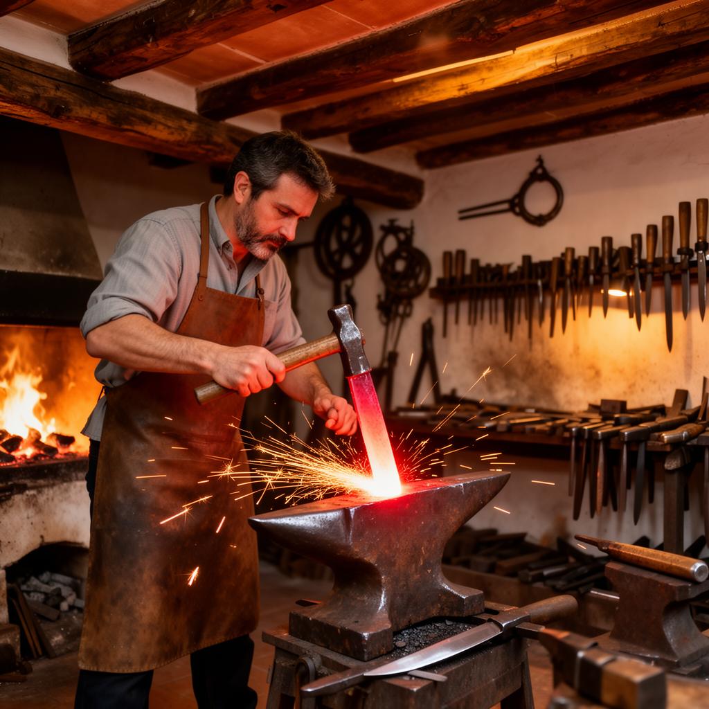 Master Spanish artisan forging a knife blade using traditional Albacete techniques