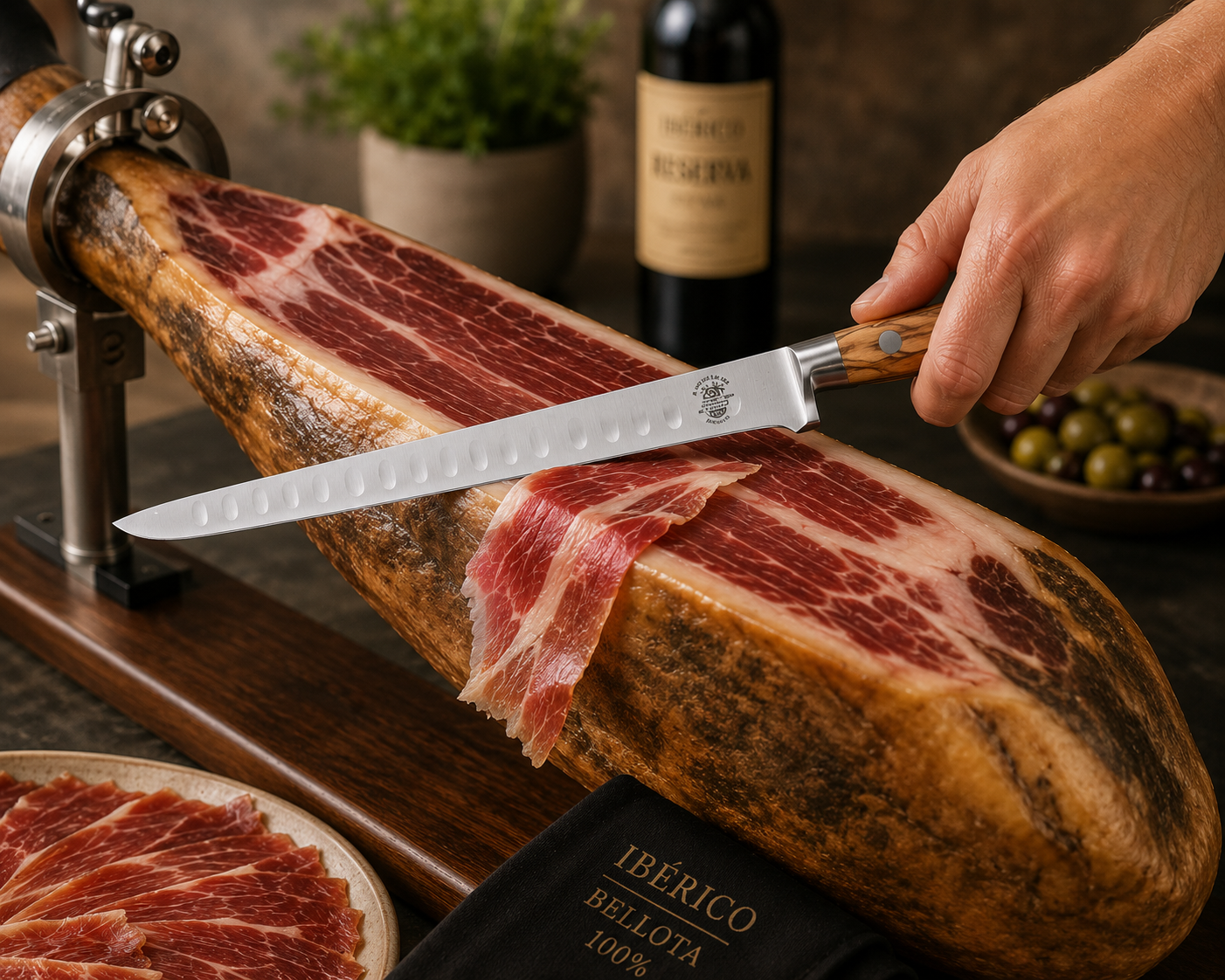 Hand-carving jamón ibérico with a Spanish slicing knife