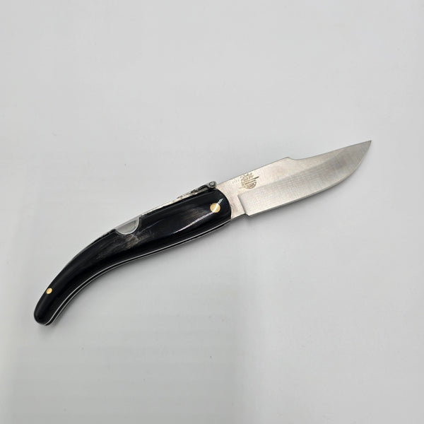 Simón Small Albaceteña folding knife open showing blade and bull horn handle