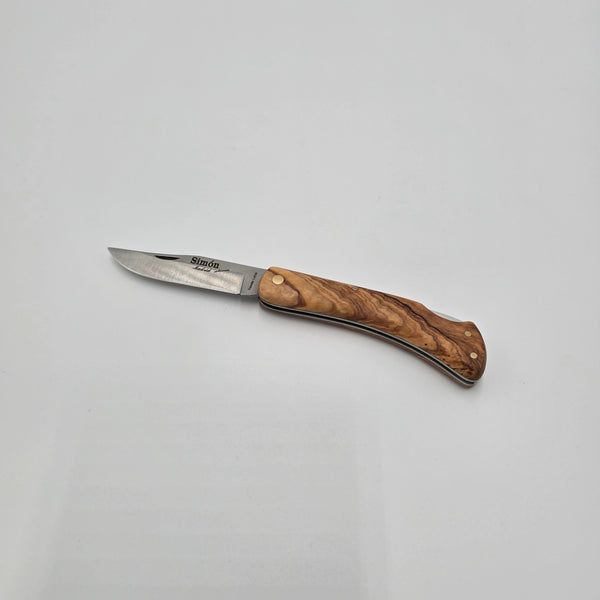 Bowie Olive Small folding pocket knife open with olive wood handle and Simón Madrid engraved blade