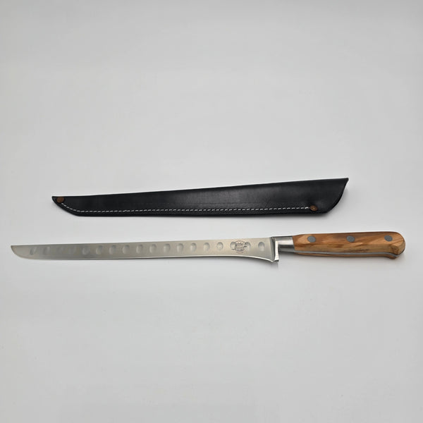 Simón PRO Olivo Jamonero long flexible ham-slicing knife with black leather sheath