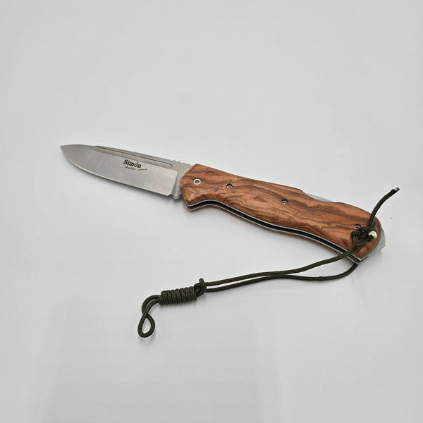 Navaja Forestal Small folding knife open with olive wood handle and green paracord lanyard