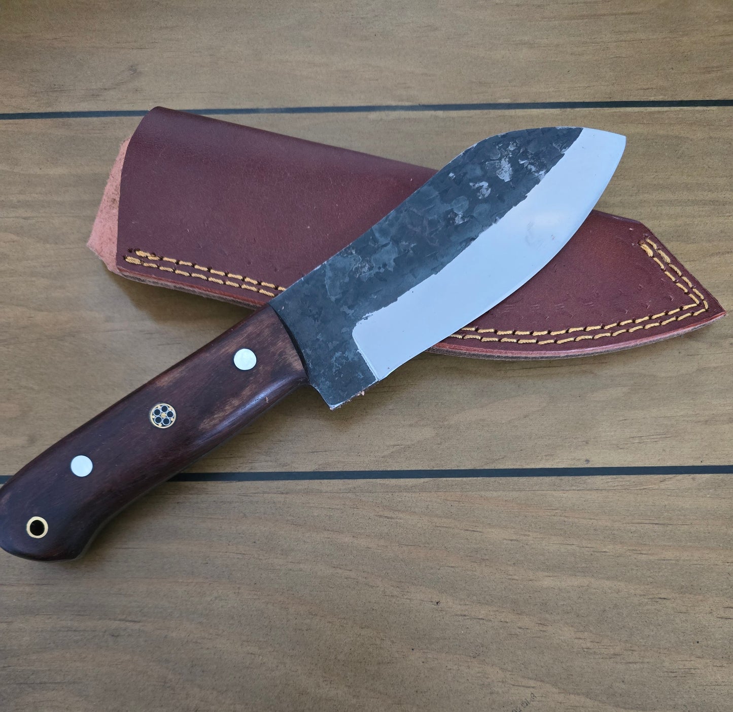 Fixed Blade Handmade 1095 Steel Knife with rose wood Handle & Real leather Knife Sheath.