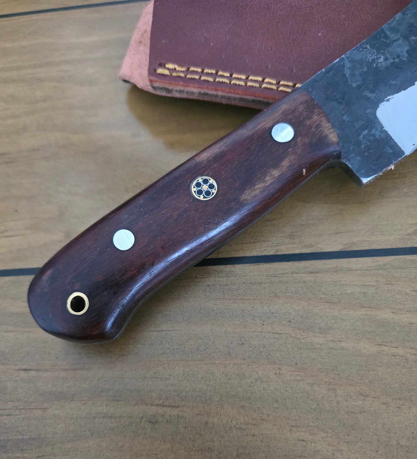 Fixed Blade Handmade 1095 Steel Knife with rose wood Handle & Real leather Knife Sheath.