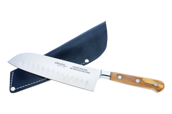 Santoku Simón PRO Olivo 440C forged Spanish chef knife with black leather sheath