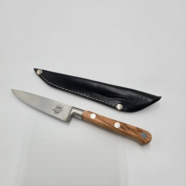 Simón PRO Olivo Paring Knife with El Matador etched blade and leather sheath