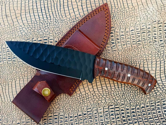 Beautiful Fixed Blade Handmade J2 Steel Steak Knife with Wengi Handle &  Real leather Knife Sheath.