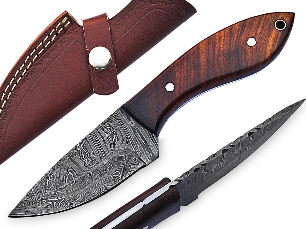 Fixed Blade Handmade Damascus Steel Knife with rose wood Handle & Real leather Knife Sheath.