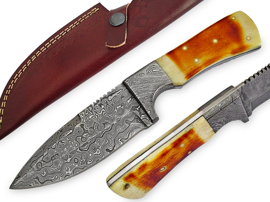 Fixed Blade Handmade Damascus Steel Knife with bone Handle & Real leather Knife Sheath.