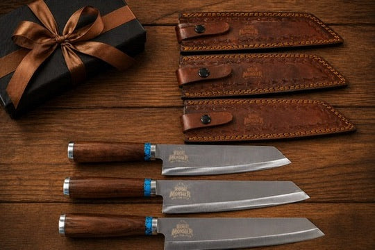 Custom engraved Spanish knives with branded leather sheaths and gift box