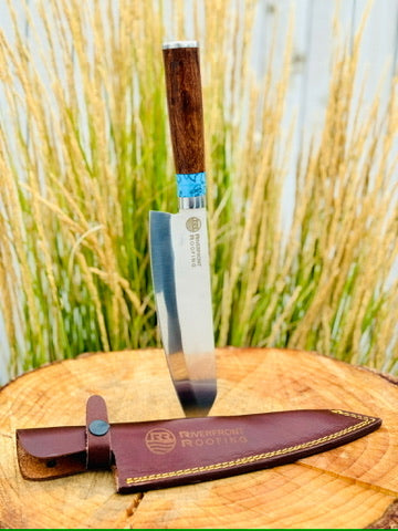 Turquoise-accented chef knife with corporate logo laser etched into the blade