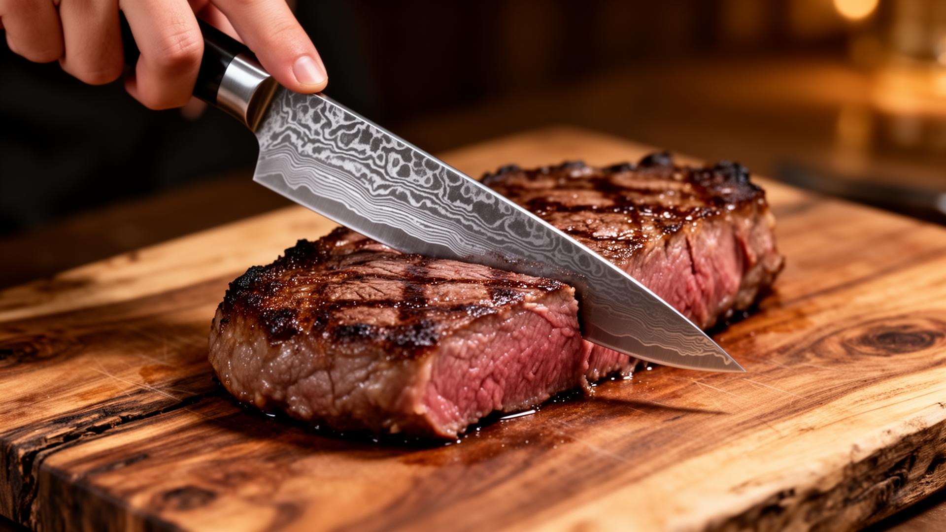 Perfectly seared steak being sliced with a Damascus steel knife