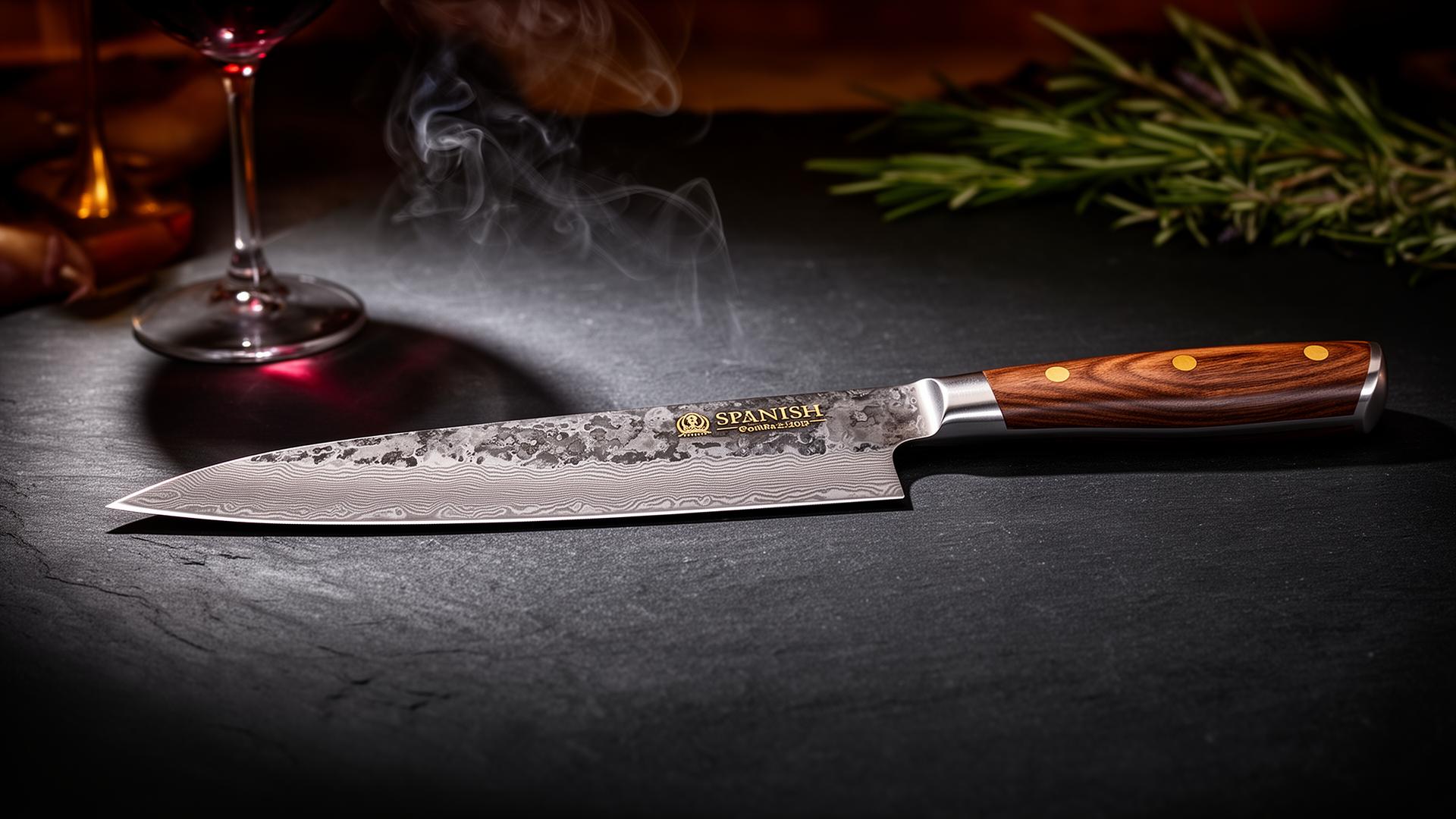 Premium hand-forged Spanish Damascus chef knife on dark slate surface