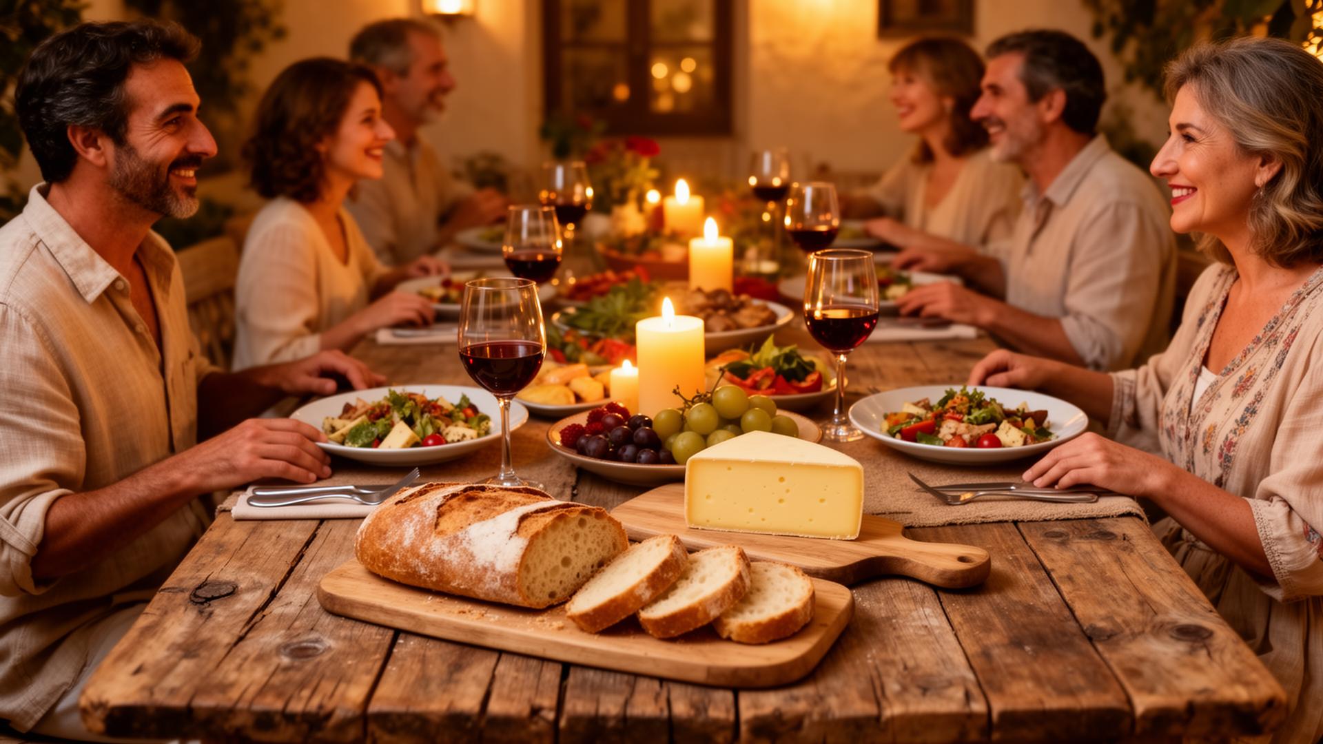 Family gathering around the dinner table with beautiful food