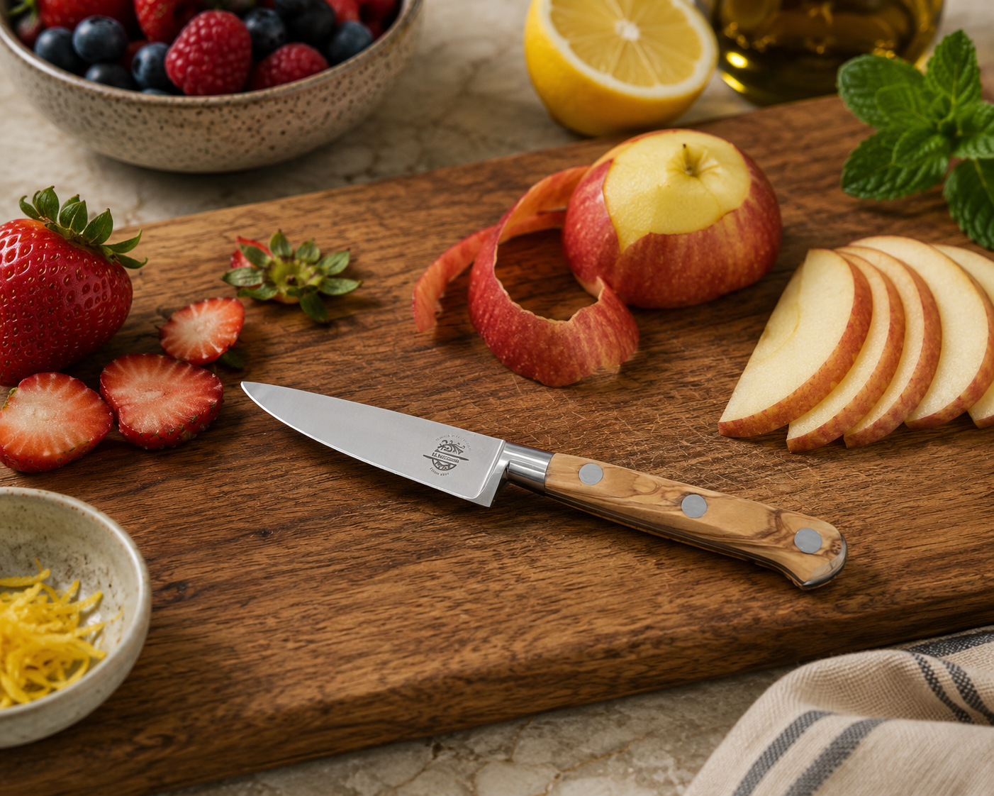El Matador paring knife with fresh fruit on a wooden cutting board