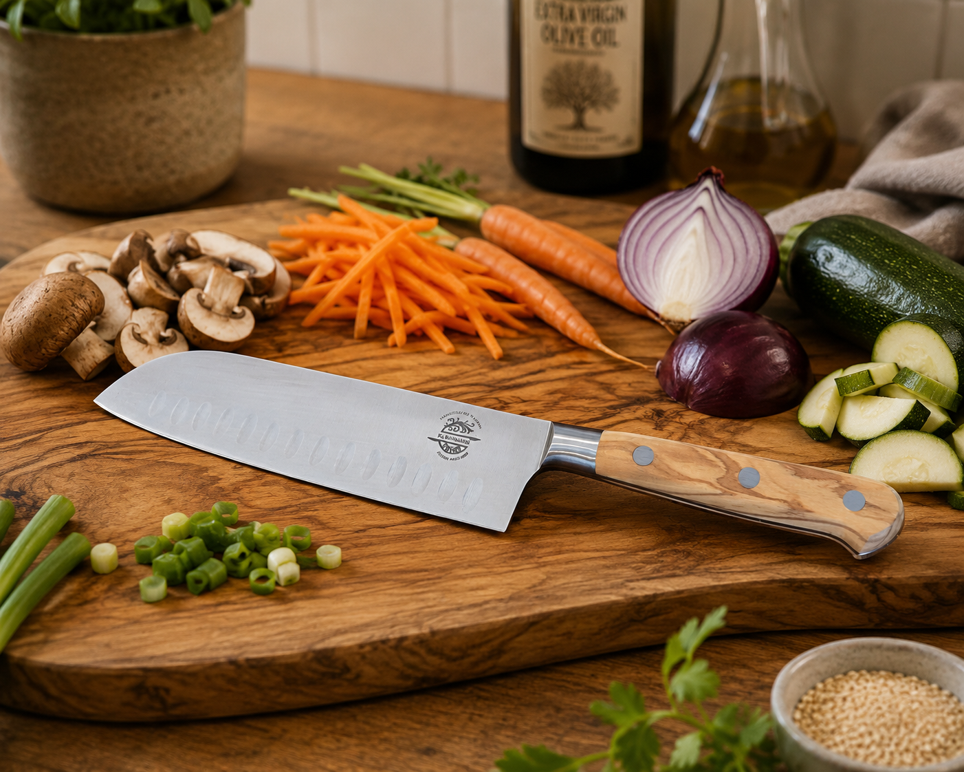 El Matador Santoku knife surrounded by fresh vegetables on a wooden cutting board